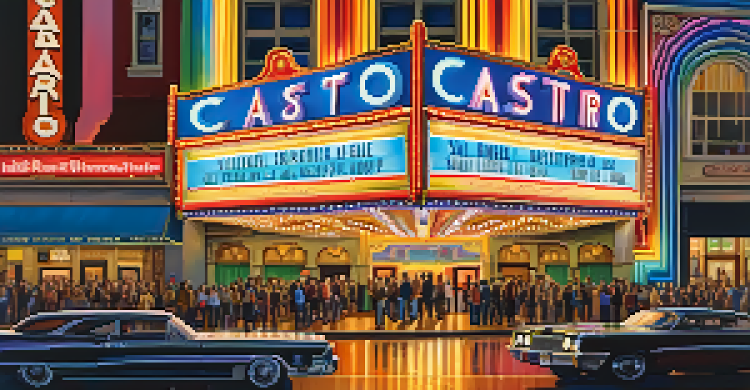 The Castro Theatre illuminated at night with colorful neon lights, surrounded by a lively street filled with people.