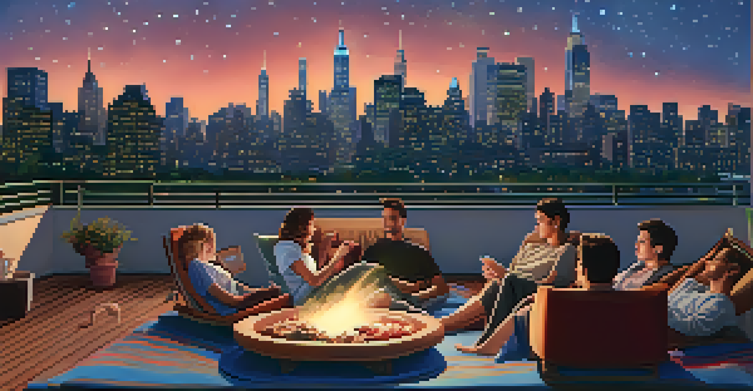 A rooftop cinema scene with people watching a movie under the stars, surrounded by the illuminated NYC skyline.