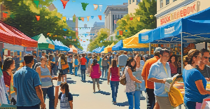 A lively festival atmosphere with people browsing colorful book stalls and authors signing books in downtown Berkeley.