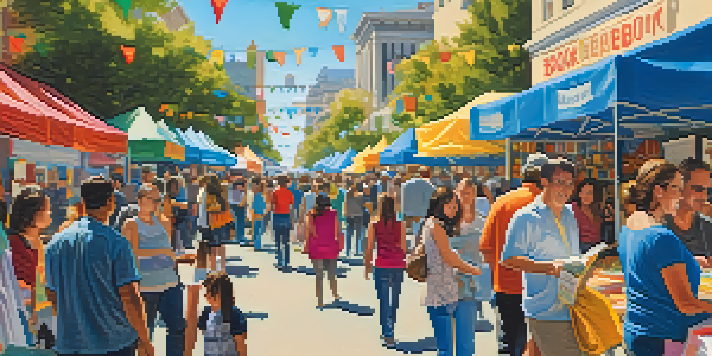A lively festival atmosphere with people browsing colorful book stalls and authors signing books in downtown Berkeley.