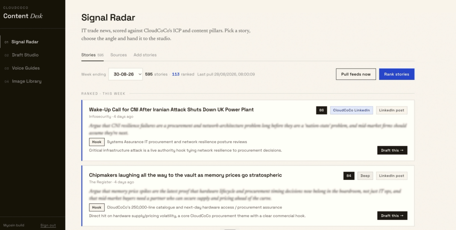 Content Desk pulls signals from a curated set of sources and ranks them according to relevance.
