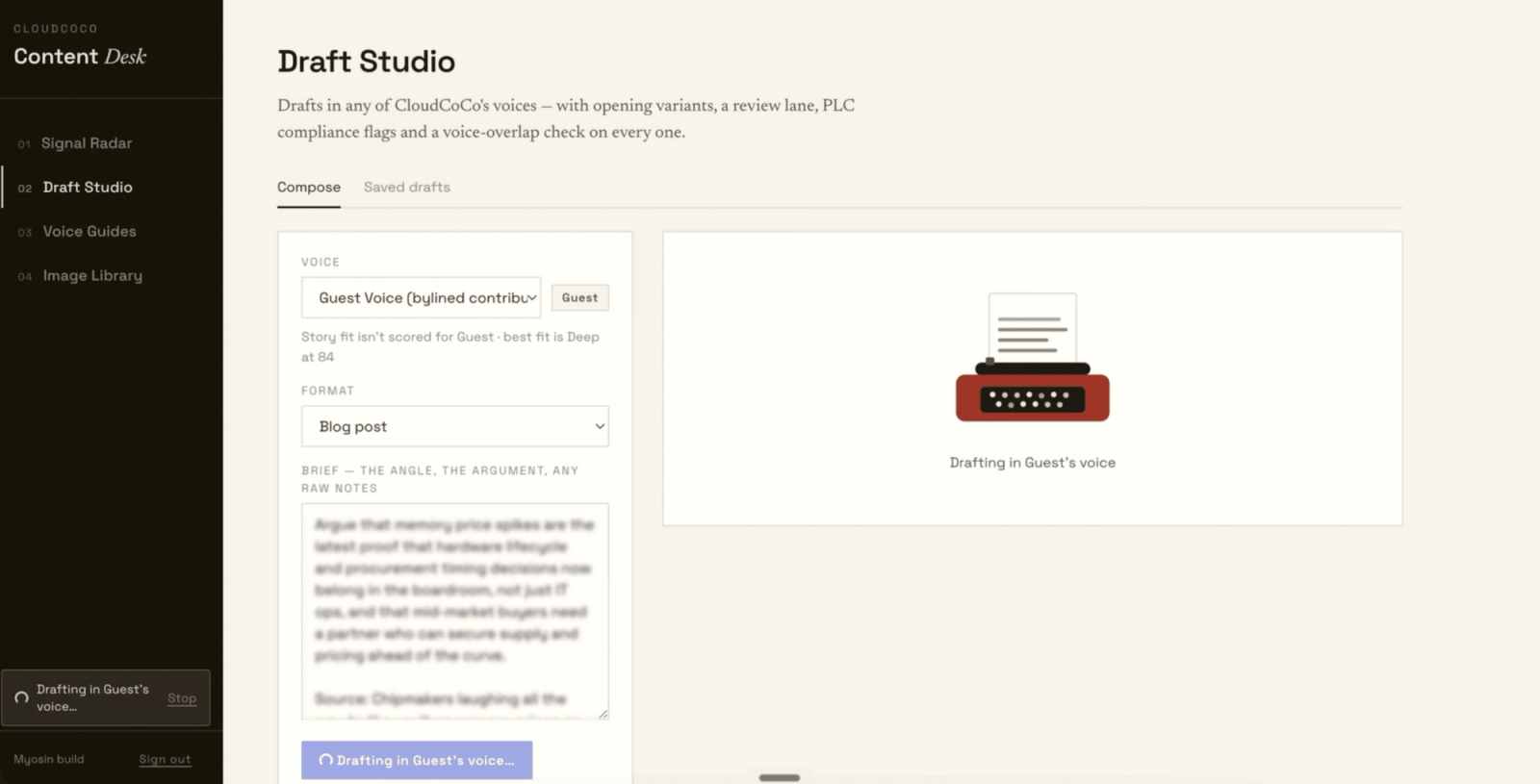 Drafts Studio starts the draft with the context, source material, angle, format, and voice.