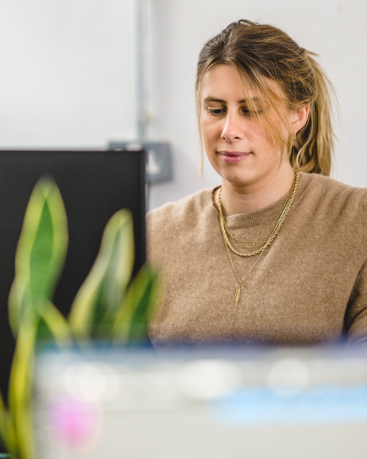 A team member looking down at a laptop, a plant blurred in the foreground. Bespoke marketing integrations, Software Engineering.