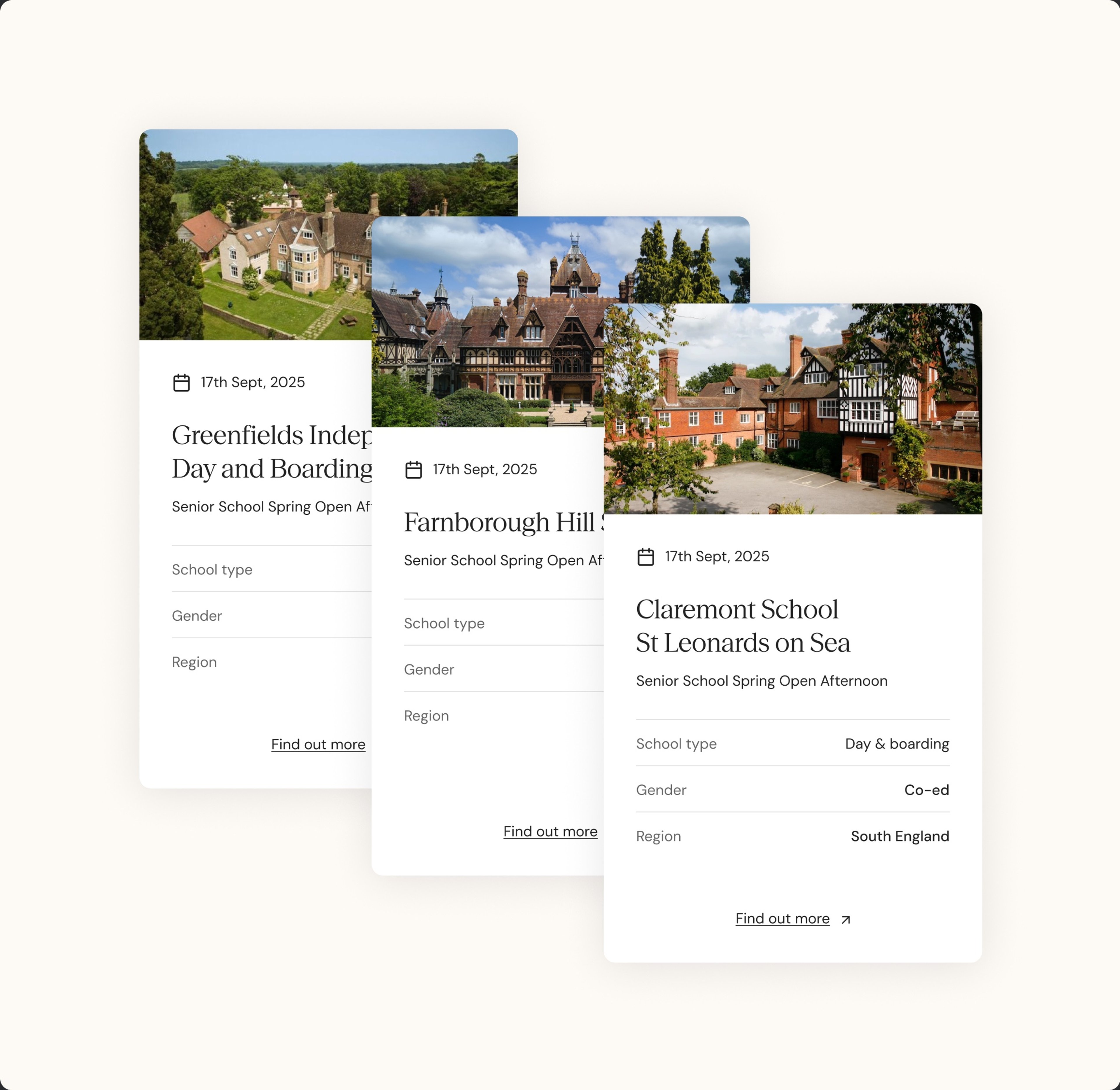 Open day event cards for three schools