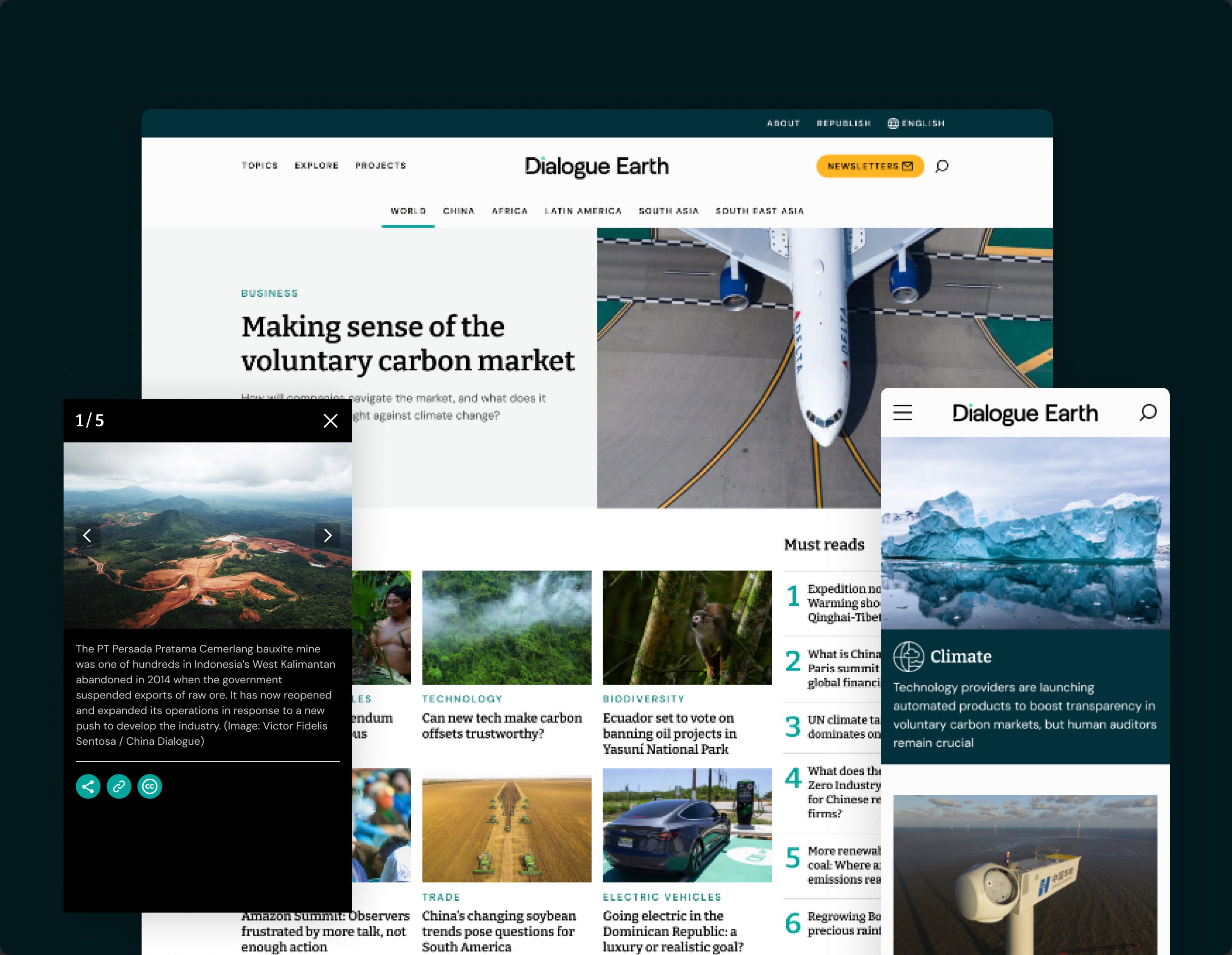 Dialogue Earth article and topic pages on desktop and mobile