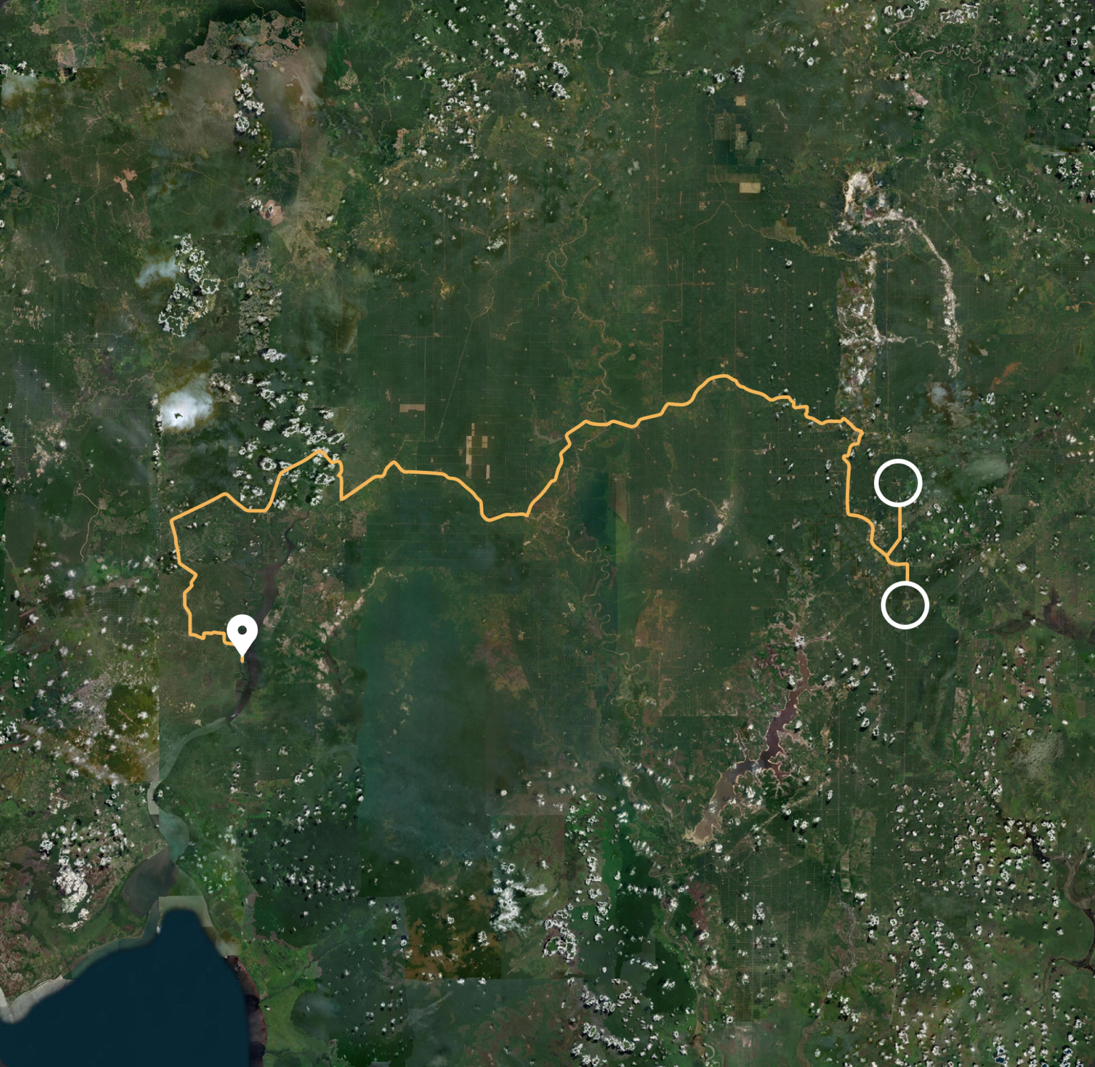 A satellite map tracing the journey of palm oil across Borneo
