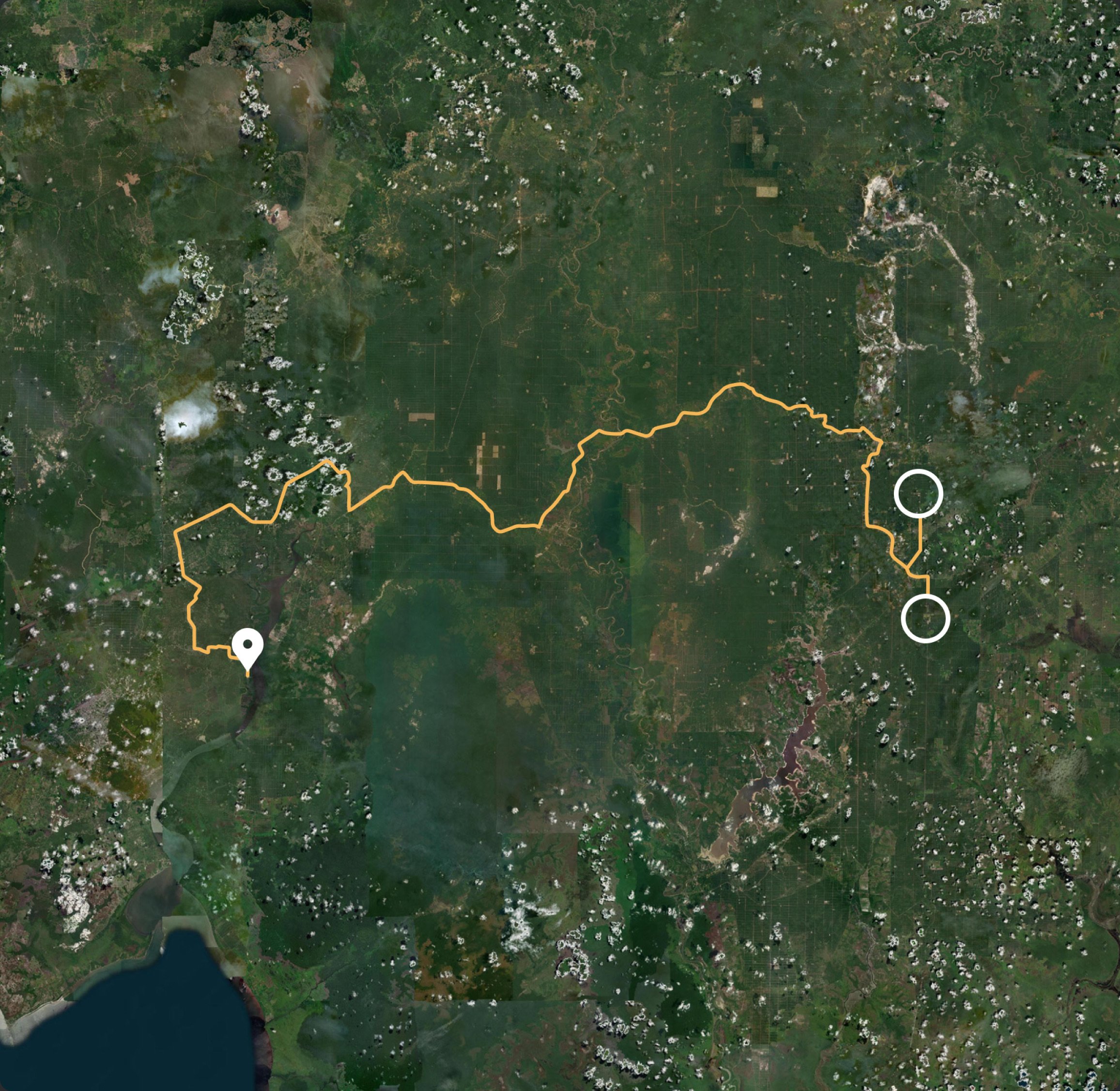 A satellite map tracing the journey of palm oil across Borneo