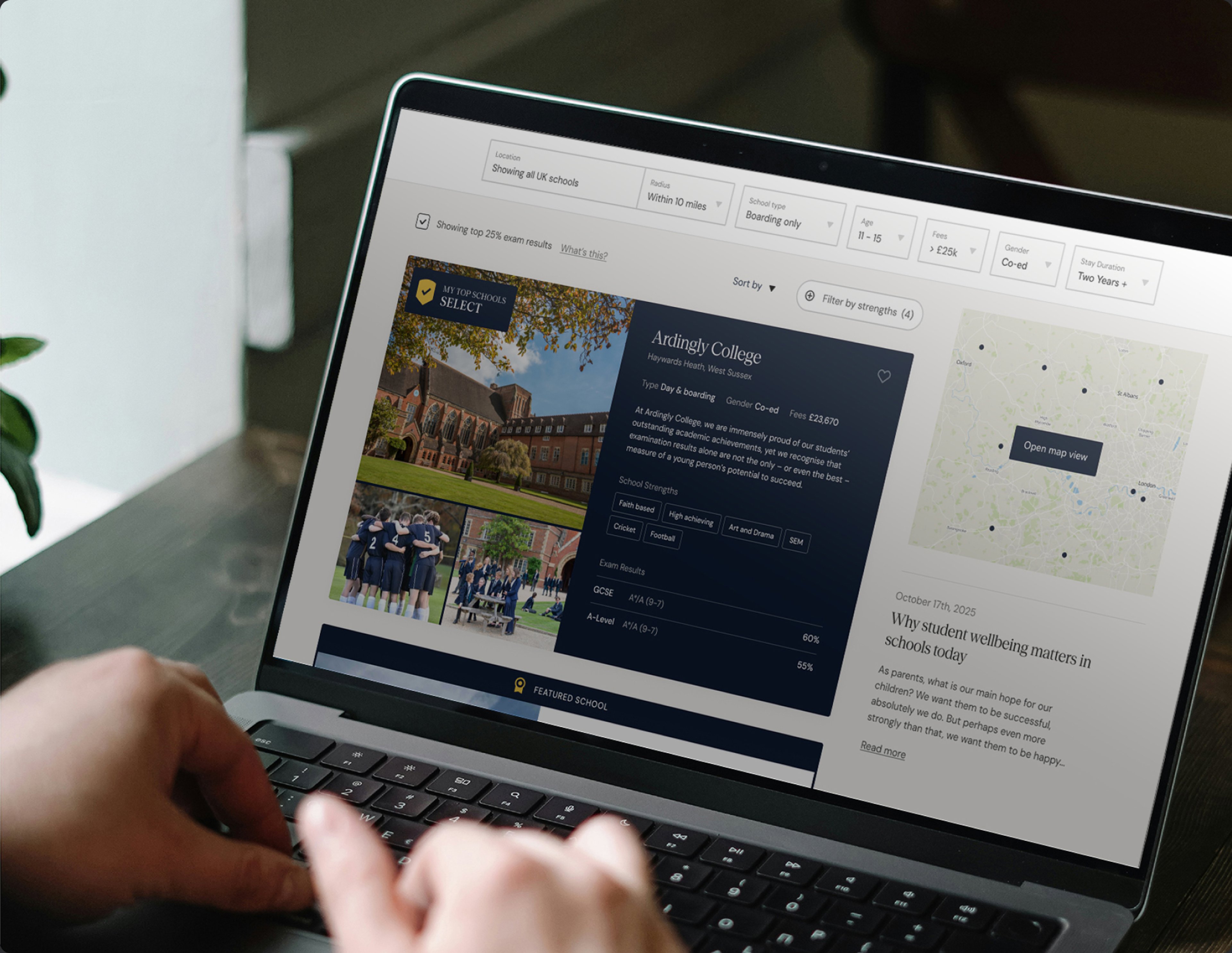 Searching for schools on the My Top Schools results page