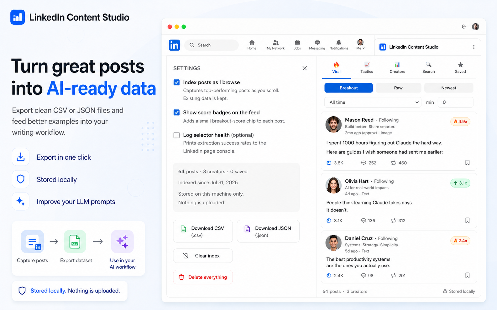 LinkedIn Content Studio — turn great posts into AI-ready data with one-click CSV/JSON export