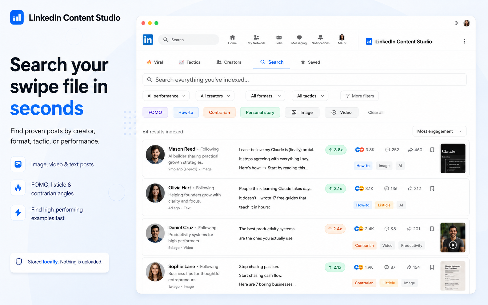 LinkedIn Content Studio — search your swipe file by creator, format, tactic or performance
