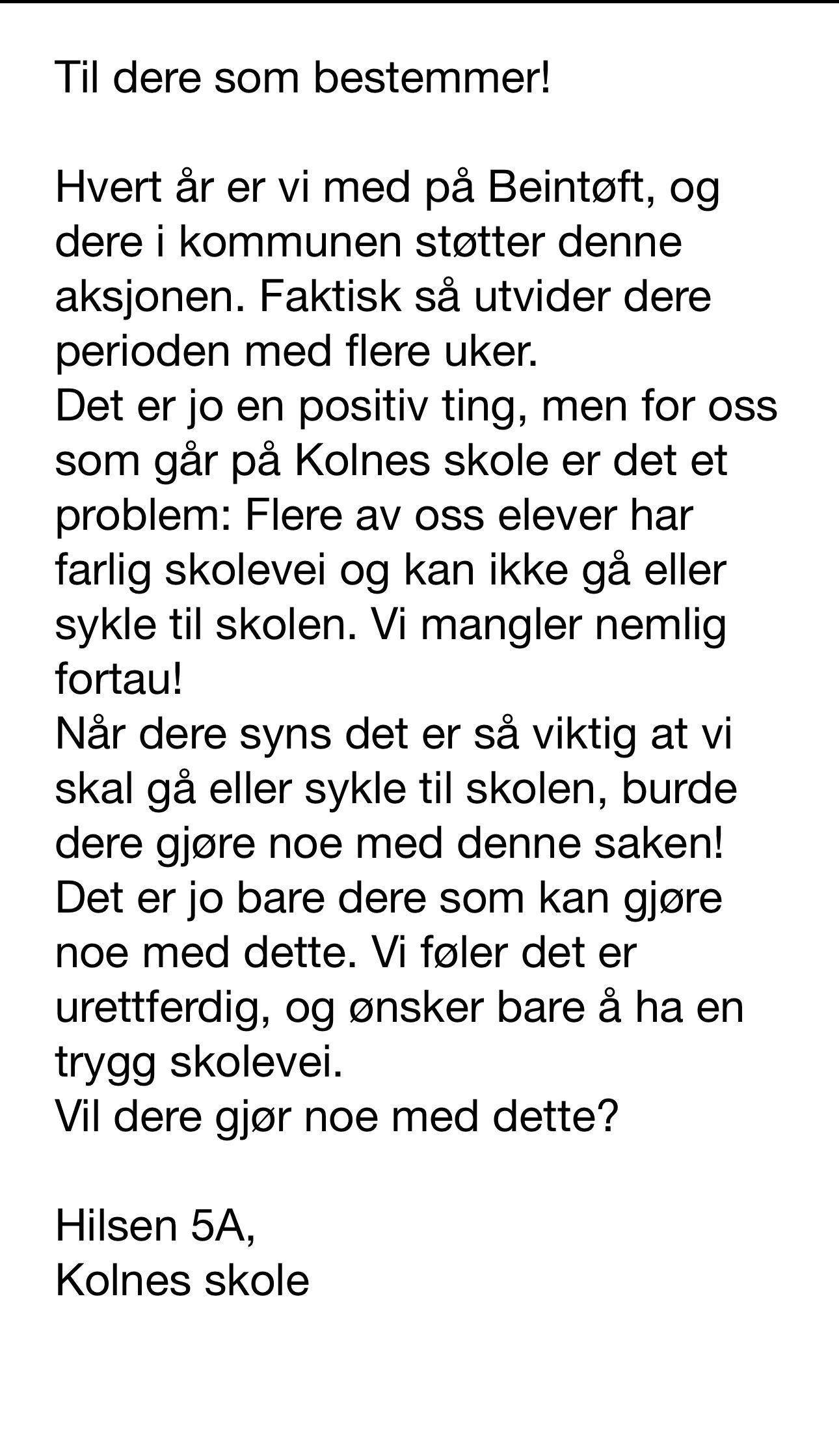 svar fra 5 A ved Kolnes skole