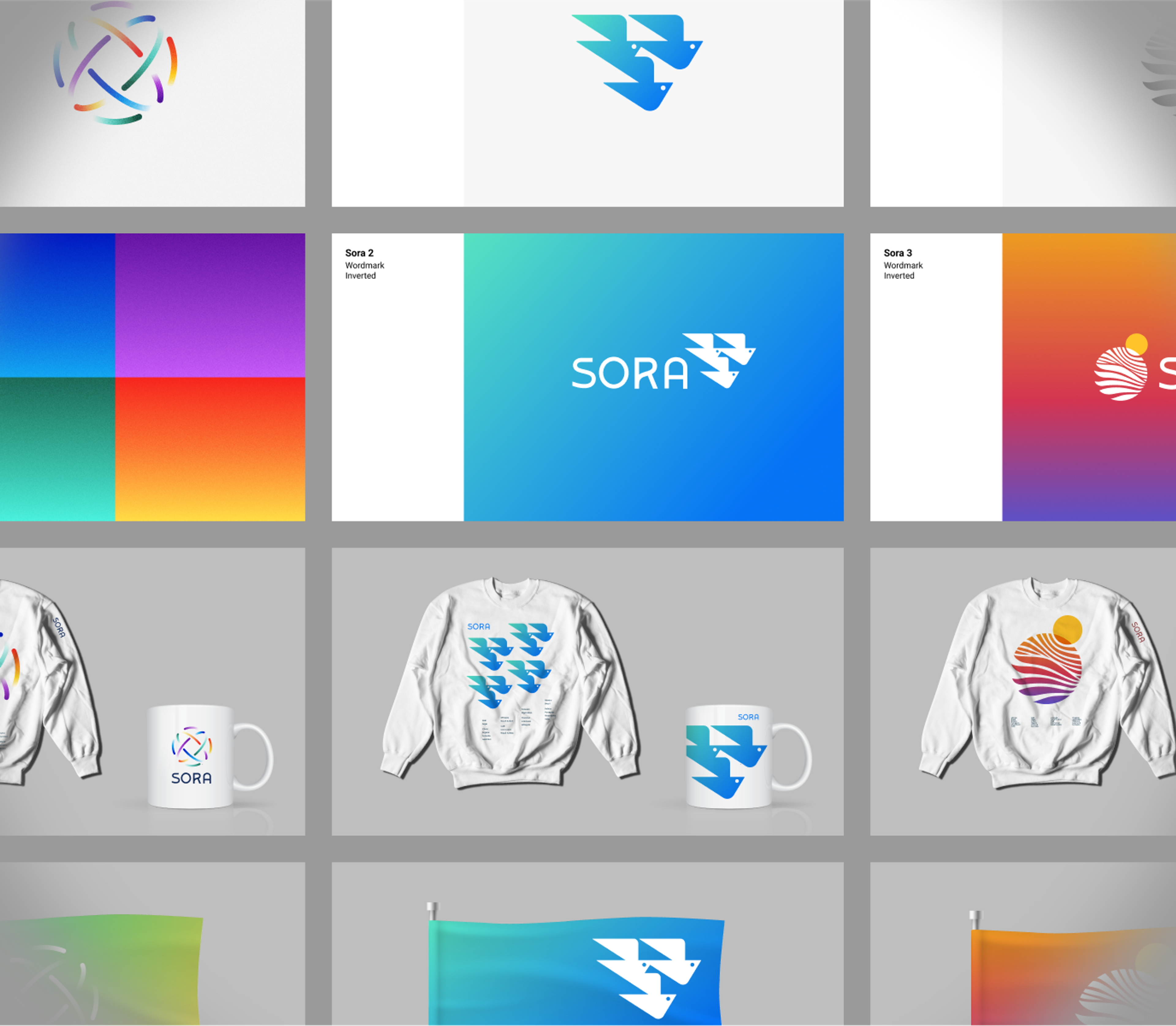 Exploration of logos with color gradients, shown on a plain background and on a sweatshirt, a mug, and a flag