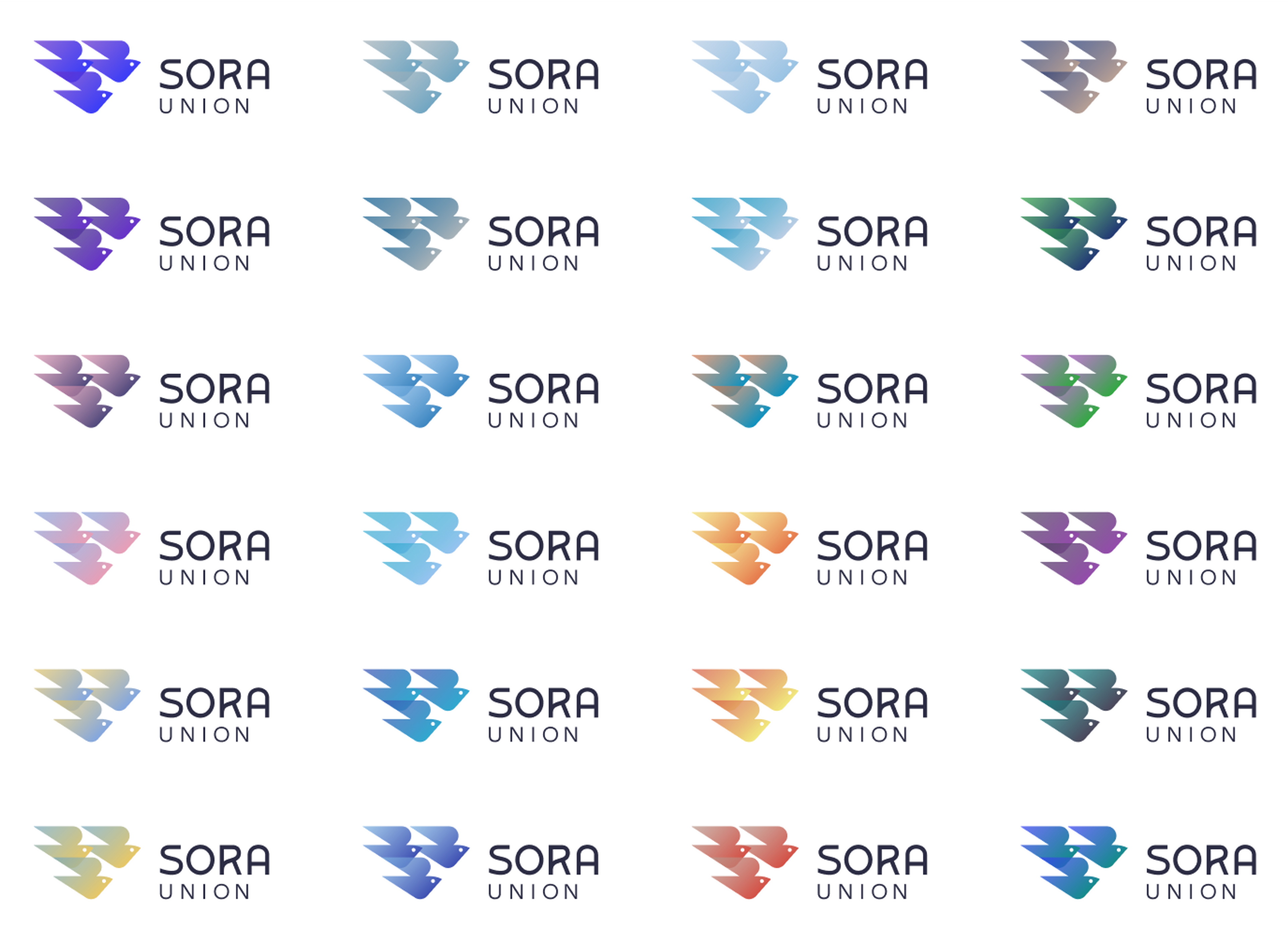 The 24 Sora Union logos using the 24-hour color system; each has the three-bird logo in the hour's gradient with Sora Union in dark text