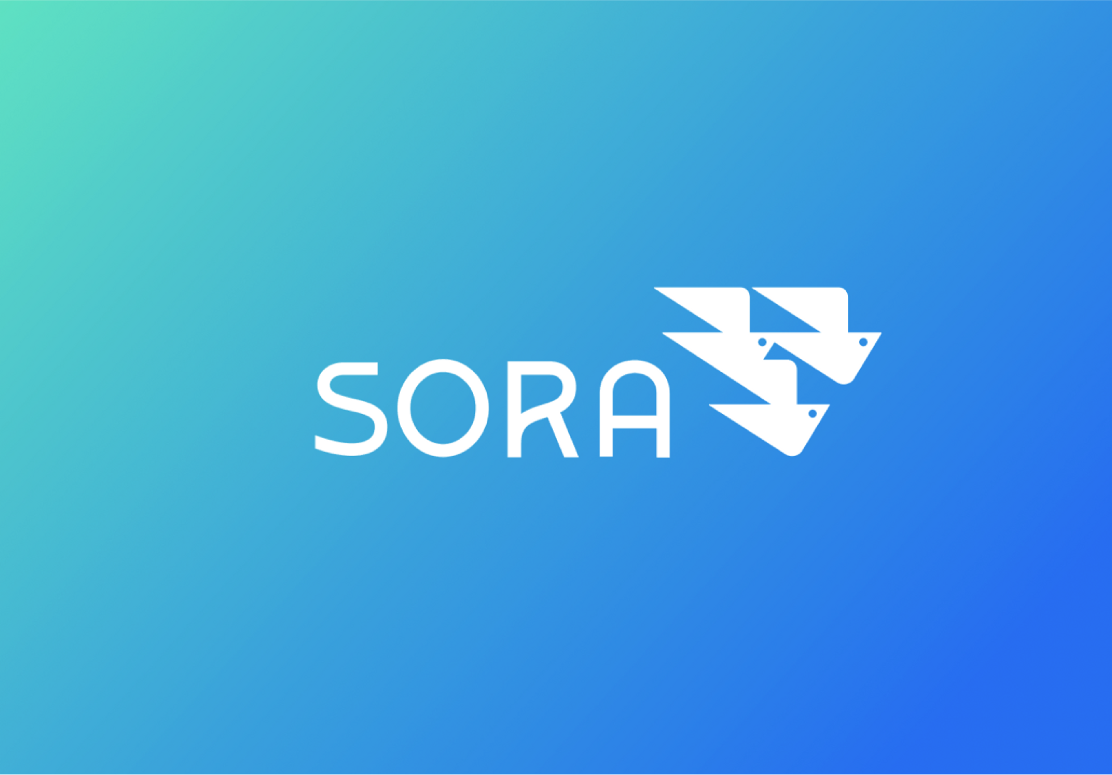 Білий логотип із написом SORA та трьома птахами на зеленувато-блакитному градієнтному тлі