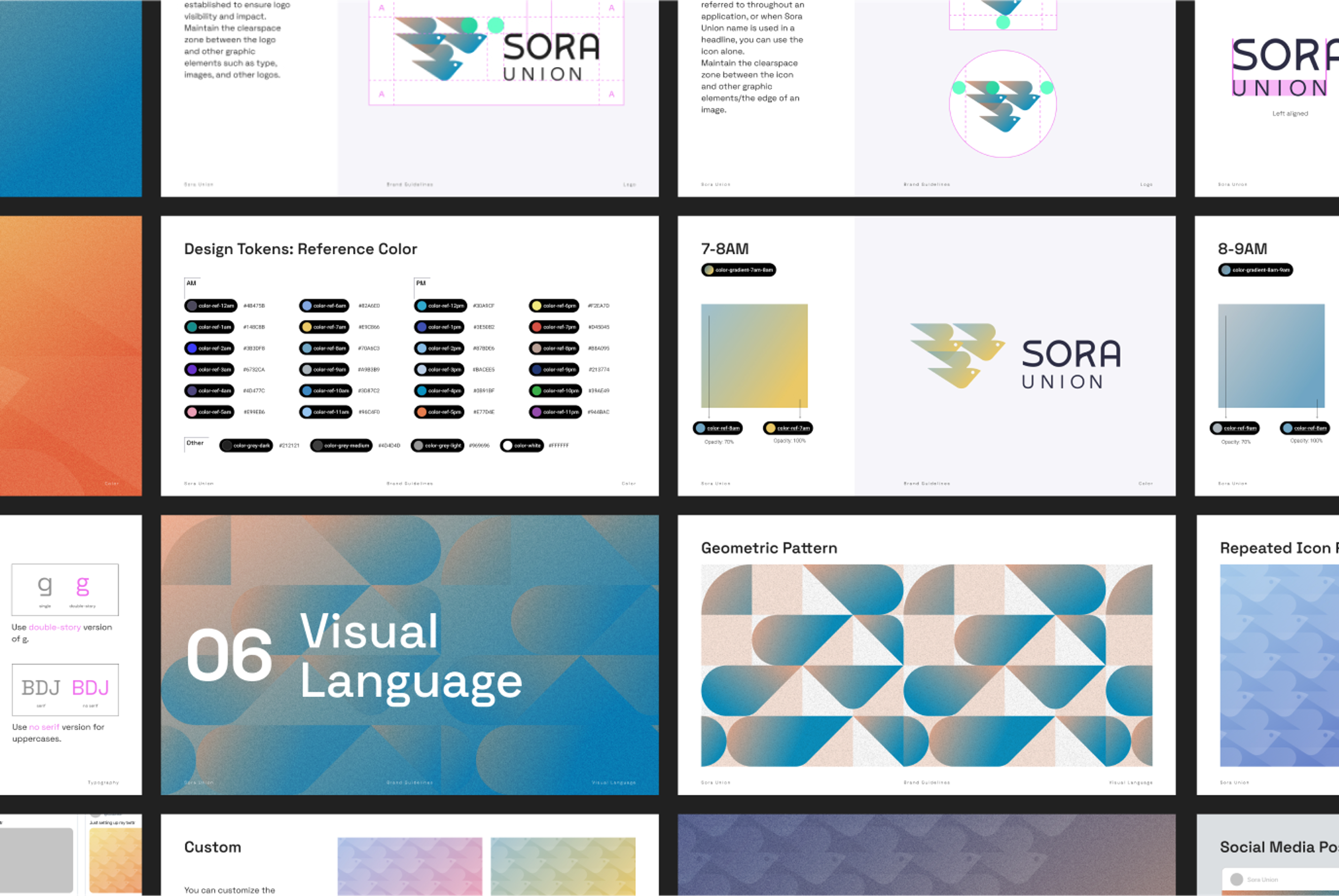 Collage of design assets using reference color design tokens, gradients, visual language, and logo variations