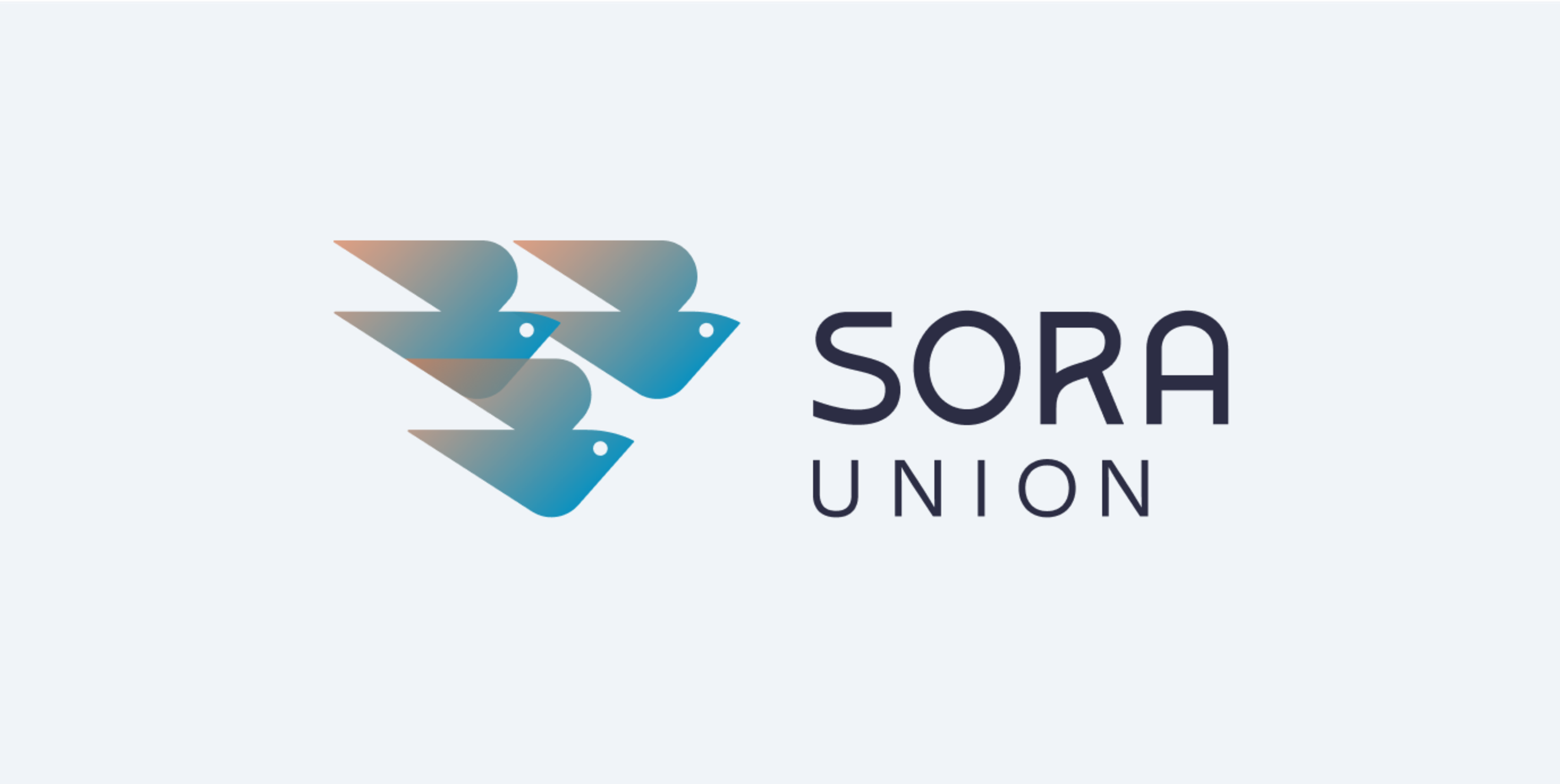 Primary Sora Union logo with the three birds in a coral to aqua gradient and left-aligned Sora Union wordmark on the right