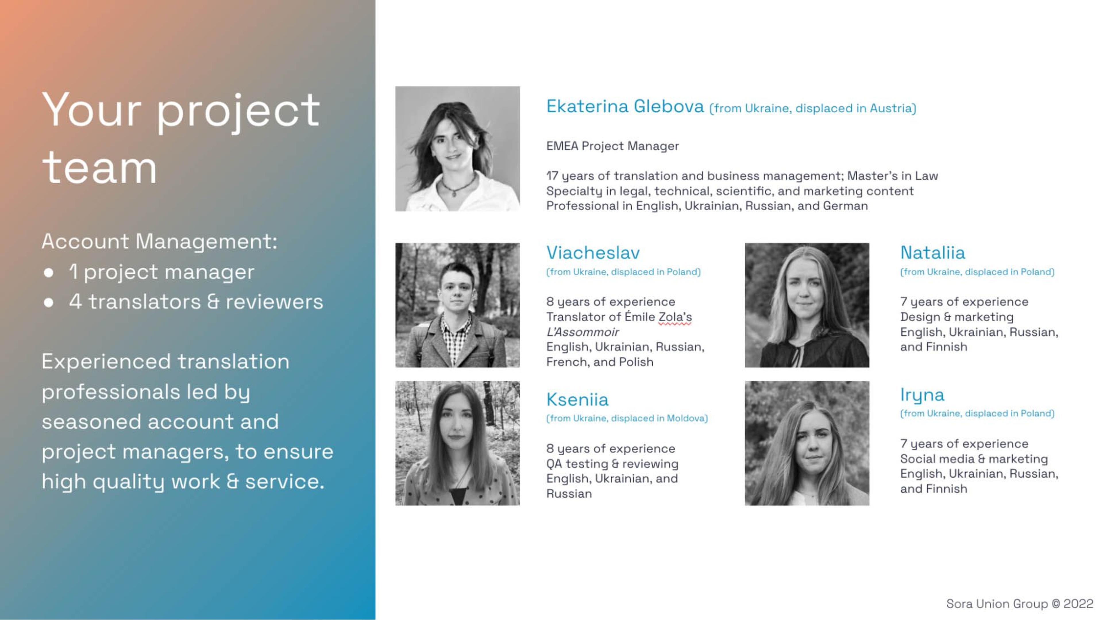 Presentation slide about project team, with 1 project manager and 4 translators and reviewers