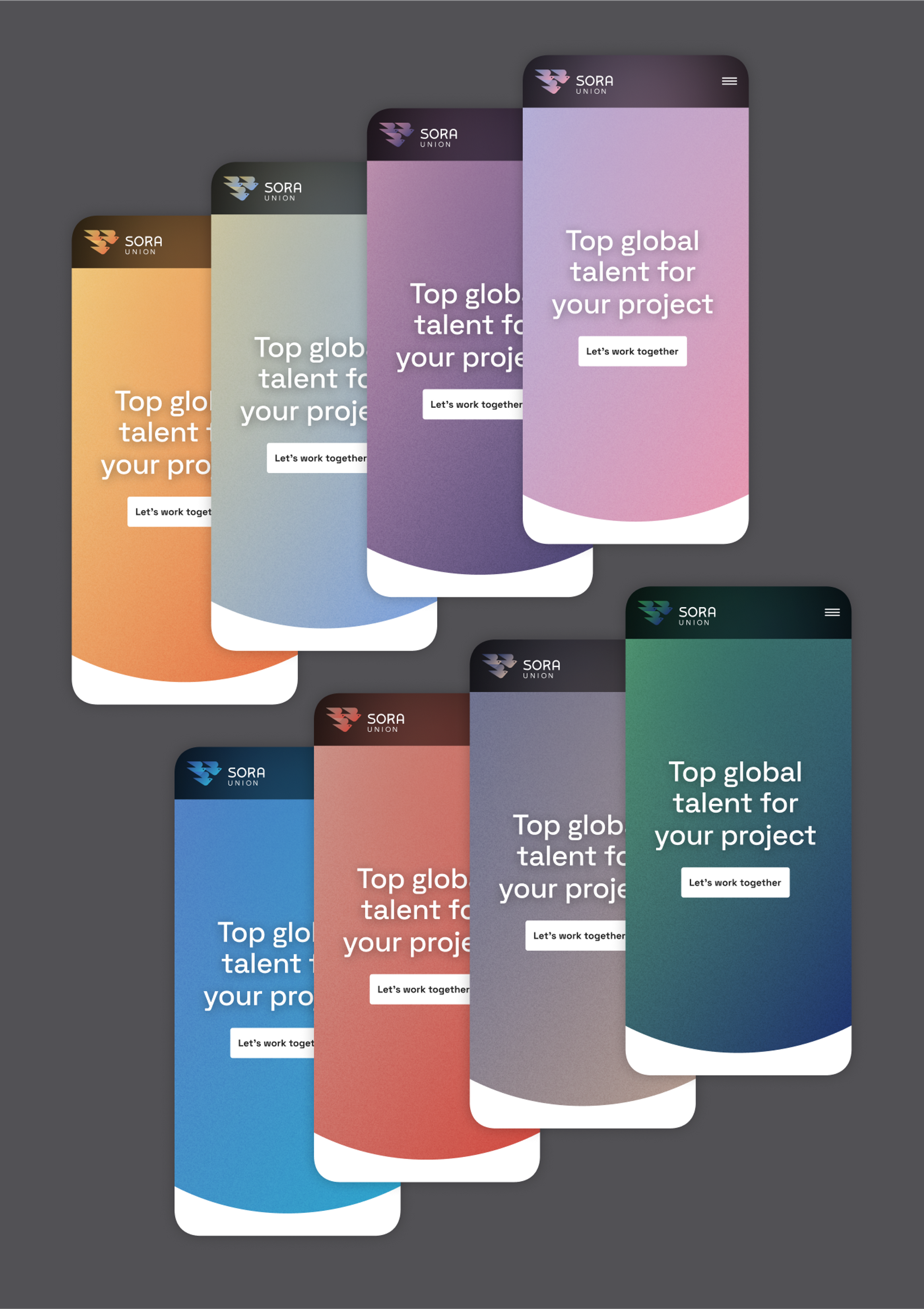 8 mobile phones displaying Sora Union's website homepage at different times of day, including a pink gradient, a purple gradient, a yellow gradient, and a green-to-purple gradient