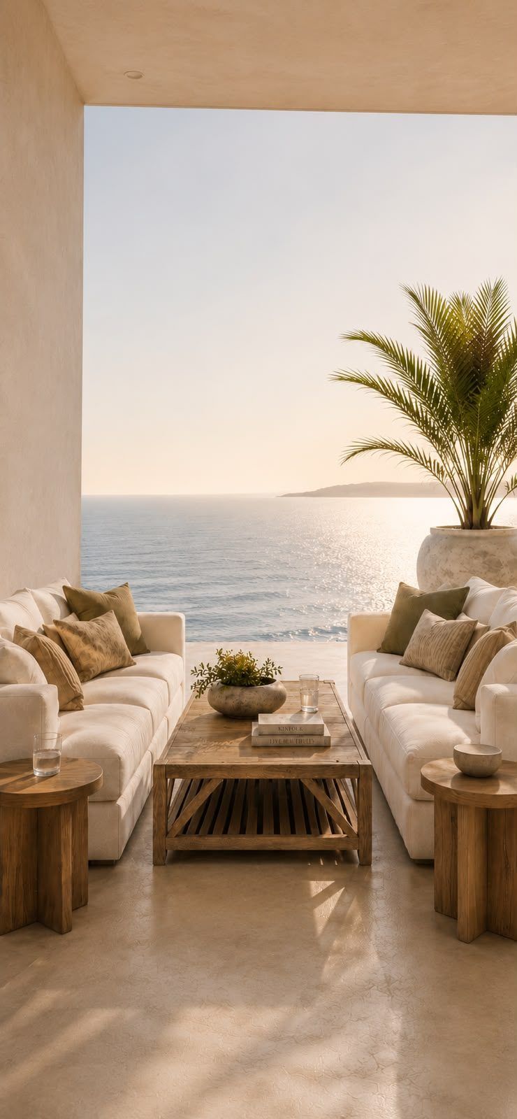 Urban Living solid oak coffee table between linen sofas overlooking the sea