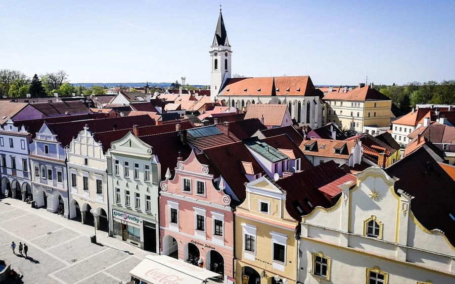 The roofs and church tower of Třeboň's old town from above