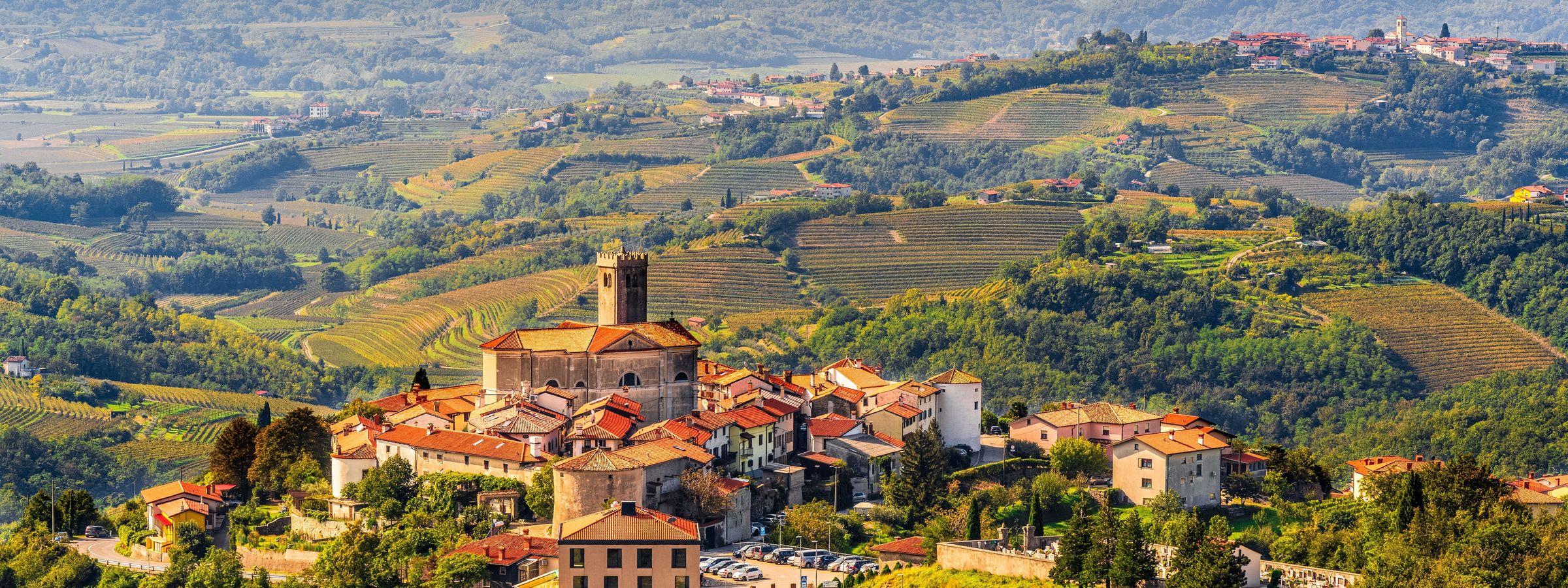 A hilltop village surrounded by vineyard-covered hills