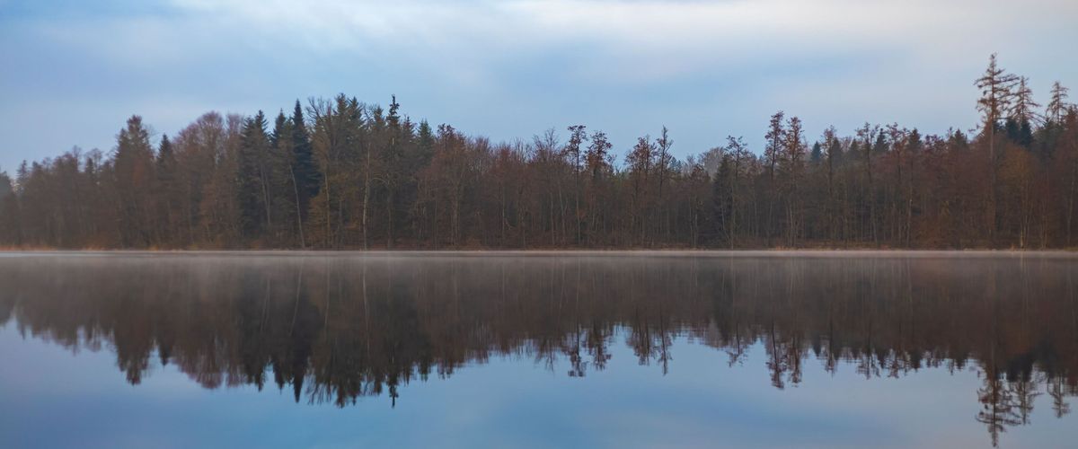 A still lake in morning mist