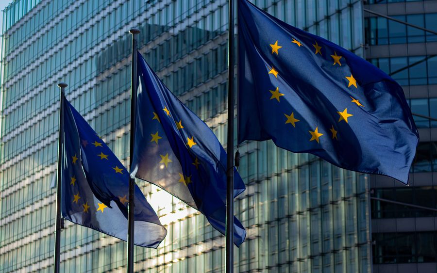 European Union flags in front of an institutional building