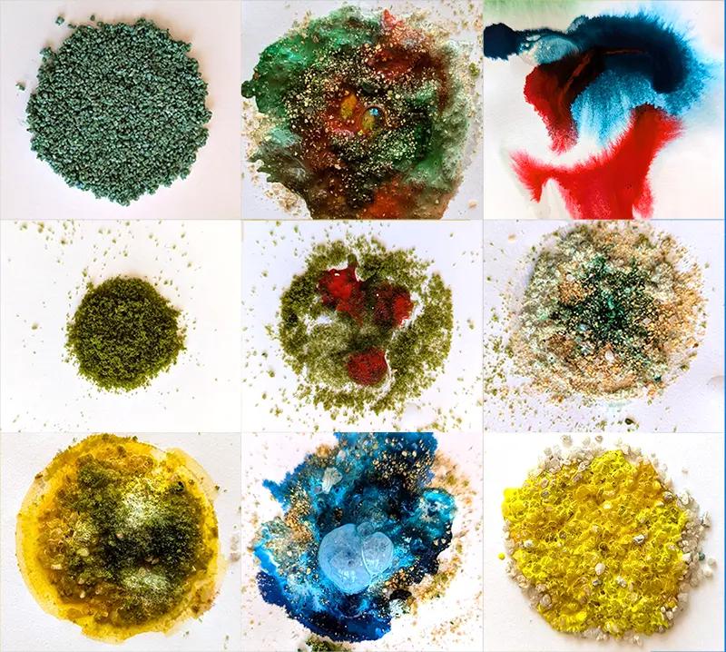 a swatch with different styles of fake mold created with paint and sand