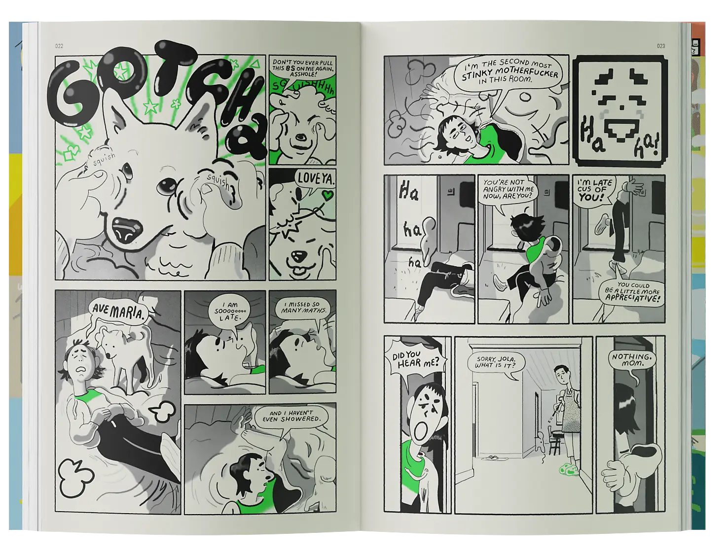 Open spread of the book, with comic panels.