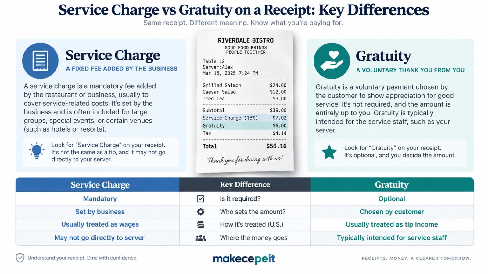 Service charge vs gratuity on a receipt: a service charge is a mandatory fee set by the business and often treated as wages, while gratuity is a voluntary tip chosen by the customer and typically intended for the service staff