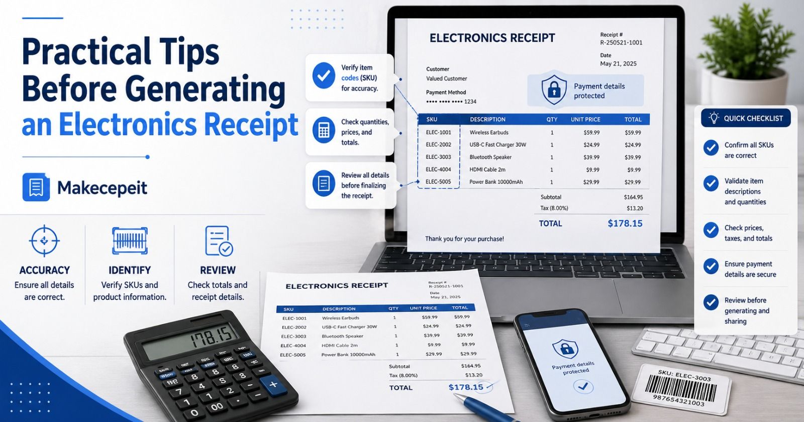 Practical tips before generating an electronics receipt: verify item codes (SKUs) for accuracy, check quantities, prices and totals, protect payment details, and review every detail before finalizing