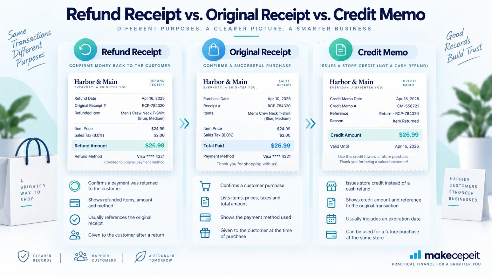 Refund receipt vs. original receipt vs. credit memo: a refund receipt confirms money back to the customer, an original receipt confirms a successful purchase, and a credit memo issues a store credit rather than a cash refund — three sample receipts compared side by side