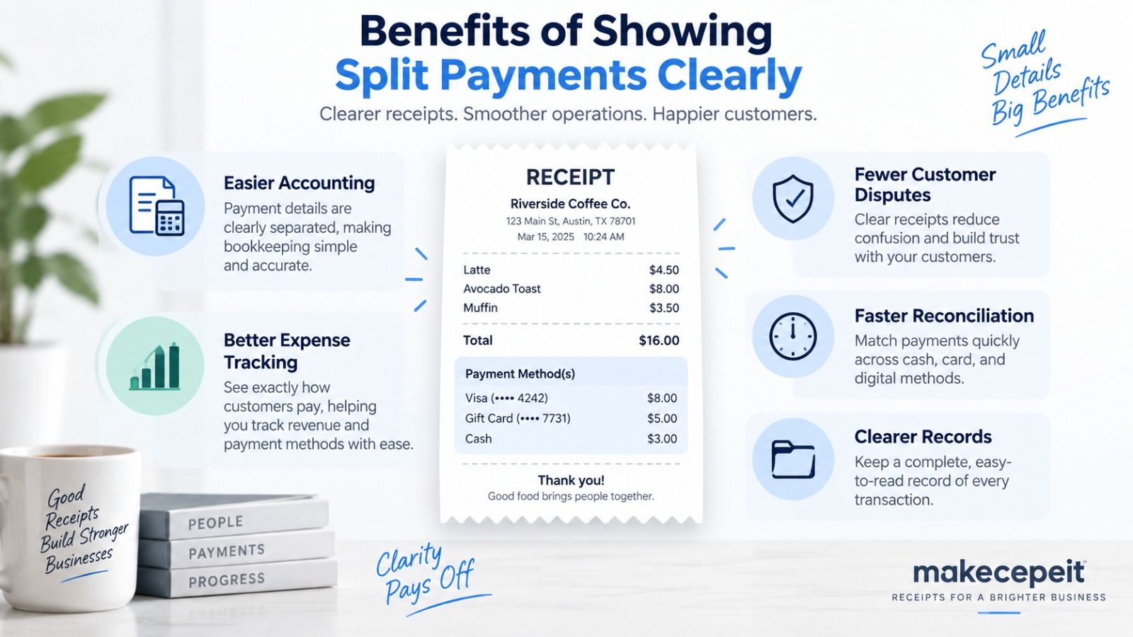 Benefits of showing split payments clearly on a receipt: easier accounting, better expense tracking, fewer customer disputes, faster reconciliation, and clearer records — shown with a coffee-shop receipt split across a Visa card, a gift card, and cash