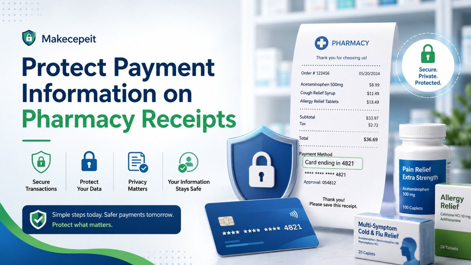 Protect payment information on pharmacy receipts: use a masked card reference such as "Card ending in 4821" instead of full card credentials, keeping payment data secure and private