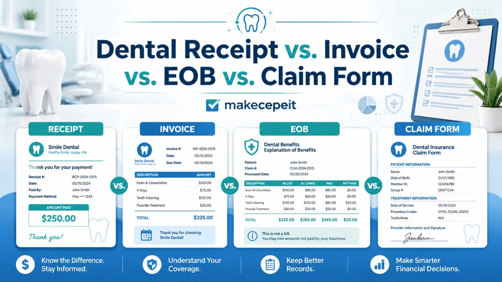 Dental receipt vs. invoice vs. EOB vs. claim form: a paid receipt, an itemized invoice of amounts owed, an Explanation of Benefits showing billed, allowed and paid amounts, and a dental insurance claim form — four different documents compared side by side