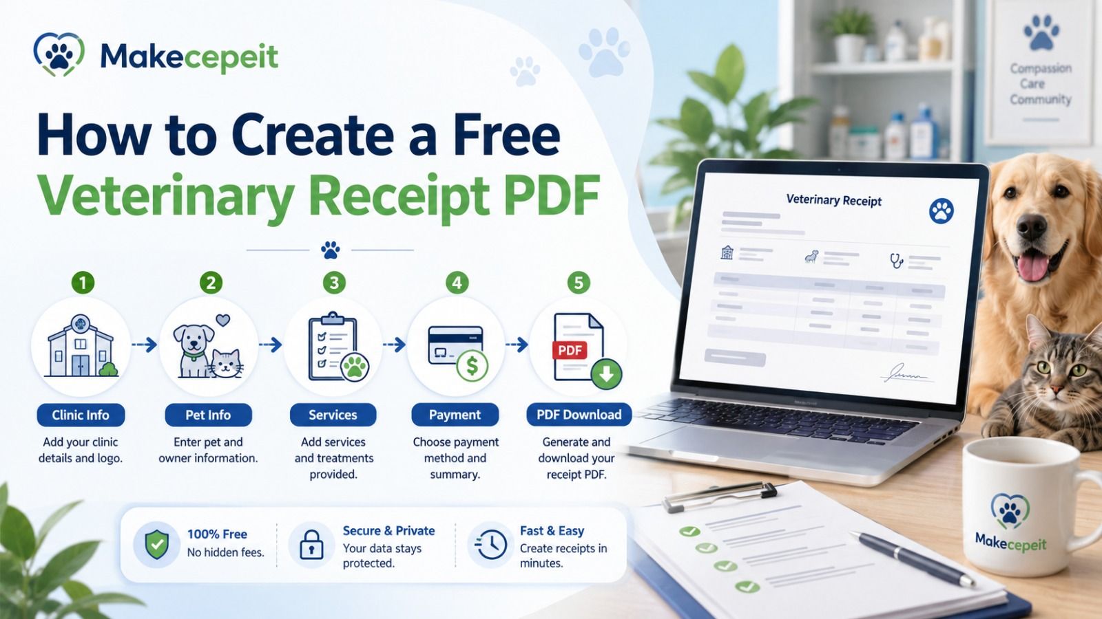 How to create a free veterinary receipt PDF in five steps: enter clinic info, add pet and owner info, list services, choose payment, then generate and download the PDF