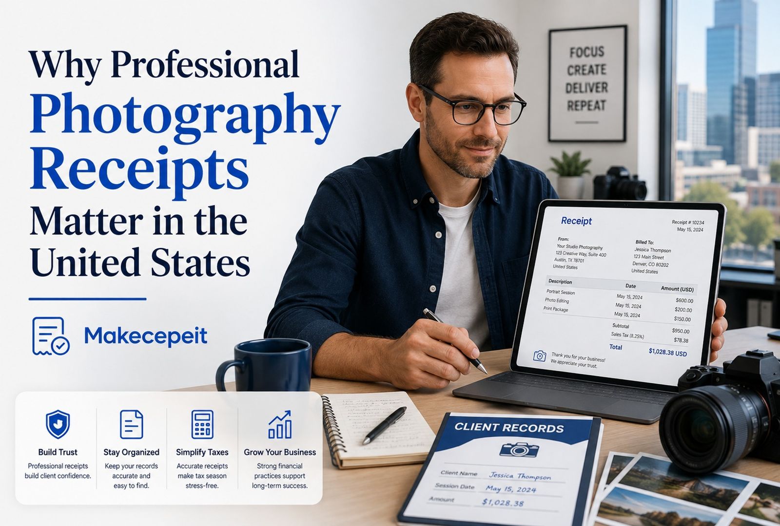 Why professional photography receipts matter: a photographer reviewing a client receipt on a tablet — they build client trust, keep records organized, simplify taxes and support business growth
