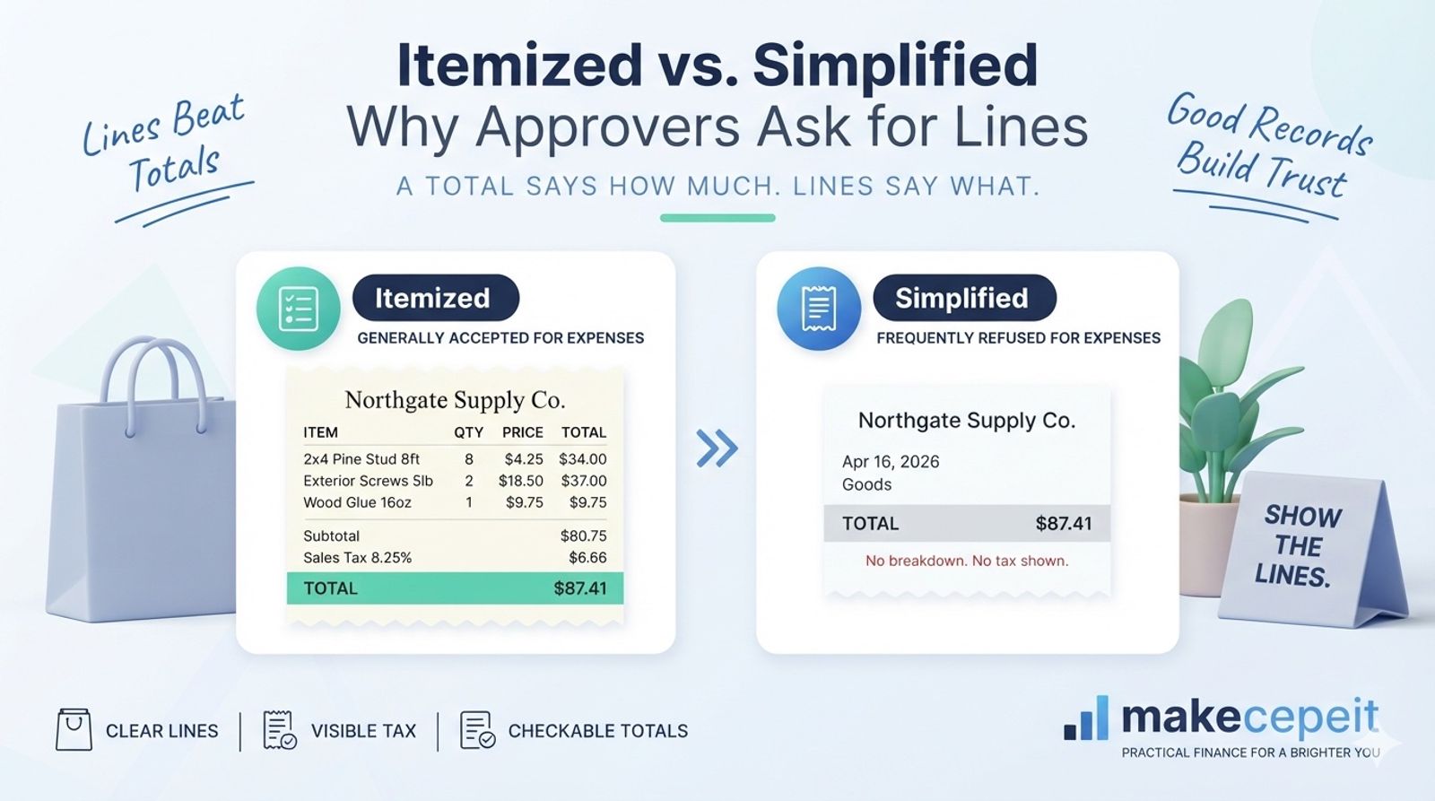 An itemized receipt template shown as a clean banner layout, with the business name in the header, a column structure listing item descriptions with quantity, unit price and line totals, a subtotal and tax row beneath, and a highlighted grand total at the foot.