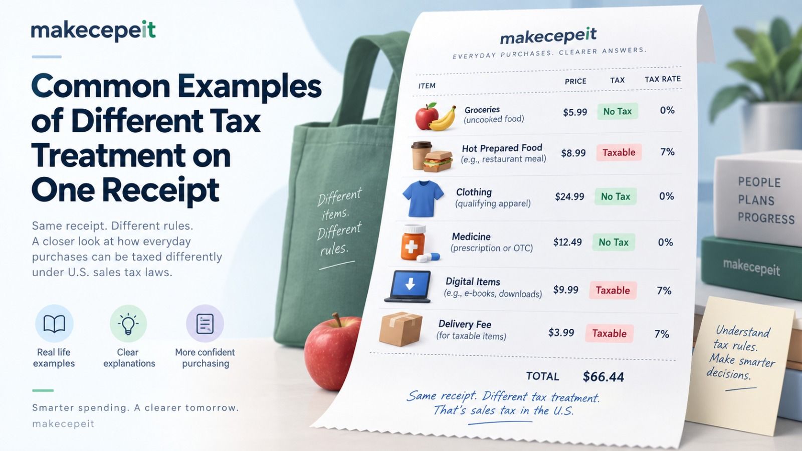 Common examples of different tax treatment on one receipt: groceries, qualifying clothing, and prescription medicine shown as no-tax, while hot prepared food, digital items, and delivery fees are taxable under U.S. sales tax rules