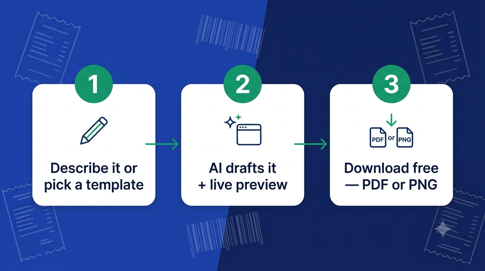Generate a free receipt in three steps: describe it or pick a template, let AI draft it with a live preview, then download free as a PDF or PNG