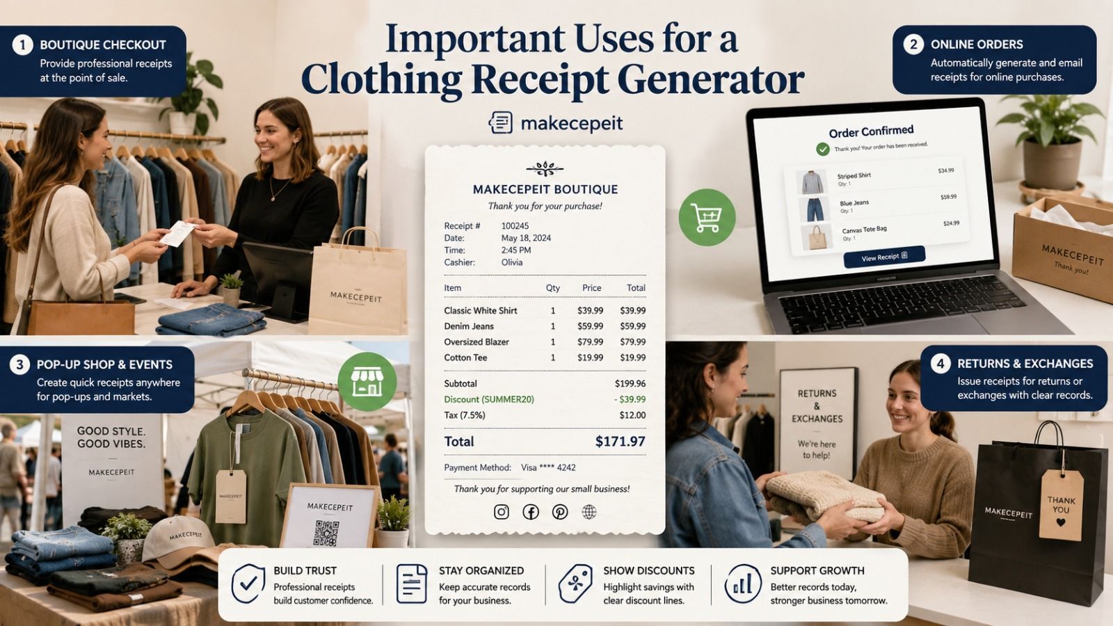 Important uses for a clothing receipt generator: boutique checkout, online orders, pop-up shops and events, and returns or exchanges — each with a clear itemized receipt and discount line