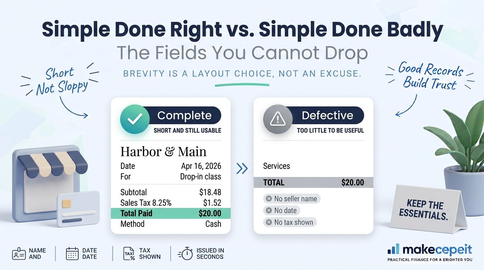A simple receipt shown as a clean banner layout, with the seller name in the header, a single short description line, the date and payment method beneath, and the amount paid displayed in a highlighted total row with tax shown separately.