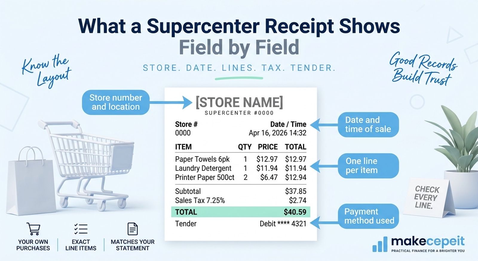 A Walmart receipt maker shown as a clean banner layout, with a placeholder store name and supercenter number at the top, a dated column of item lines with quantities and prices, a subtotal and sales tax row, and a highlighted total matching the shopper's own bank statement.