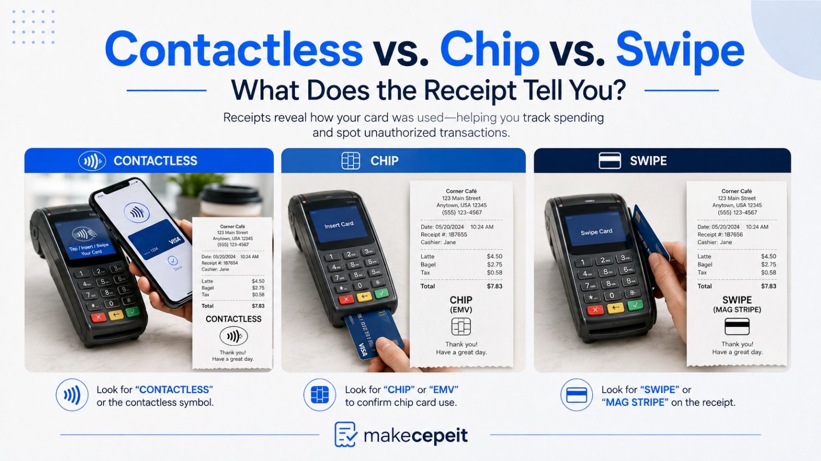 Contactless vs. chip vs. swipe on a receipt: three side-by-side examples showing how to tell how a card was used — look for "Contactless" or the tap symbol, "Chip" or "EMV" for an inserted card, and "Swipe" or "Mag Stripe" for a swiped card