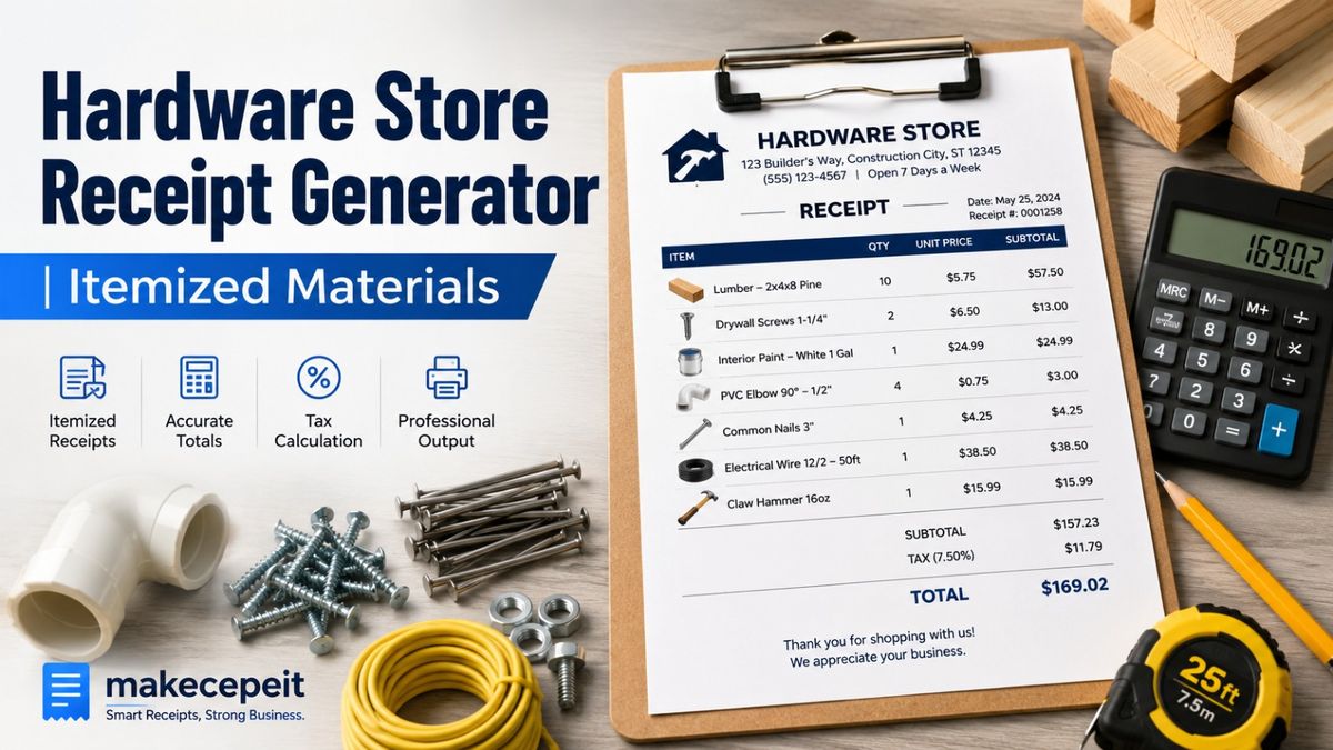 Hardware Store Receipt Generator with Itemized Materials