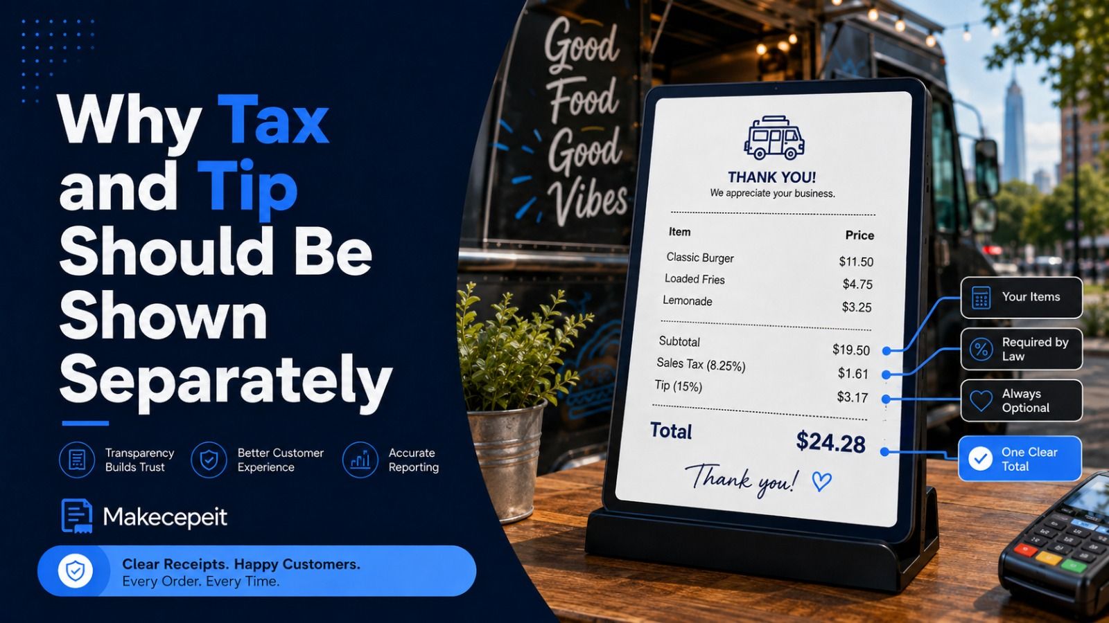 Why tax and tip should be shown separately on a food truck receipt: items, subtotal, sales tax and an optional tip each on their own line for one clear total