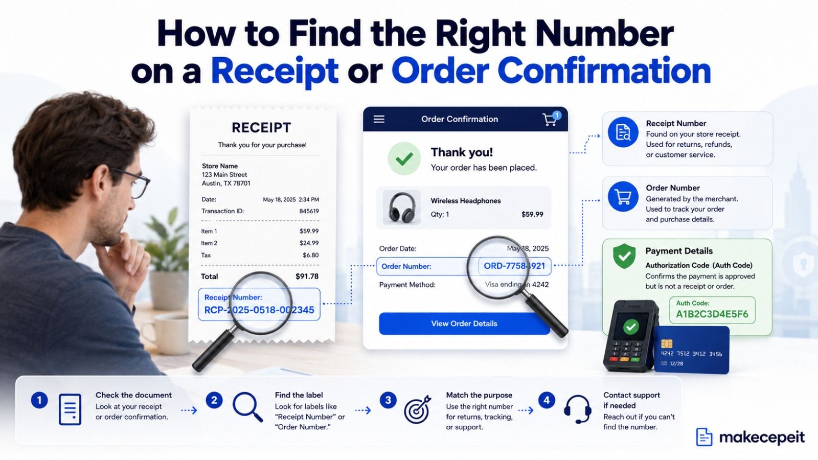 How to find the right number on a receipt or order confirmation: a receipt showing the receipt number, an order-confirmation screen showing the order number, and a card reader with an authorization code — with a four-step process to check the document, find the label, match the purpose, and contact support