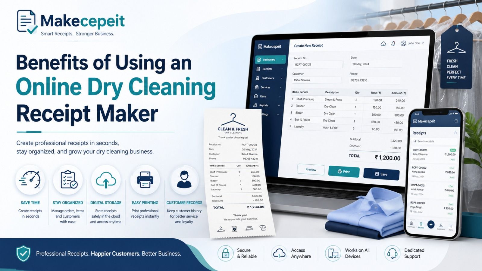Benefits of an online dry cleaning receipt maker: save time, stay organized, digital storage, easy printing and customer records