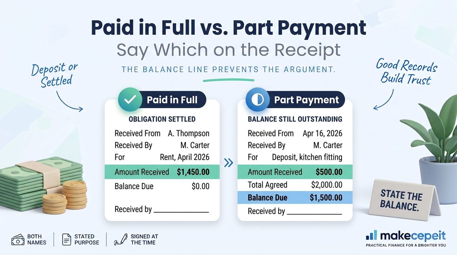 A cash receipt shown as a clean banner layout, with payer and recipient names in the header, the payment date and purpose beneath, the amount received highlighted in a total row, and a signature line confirming the cash was acknowledged at the time of payment.