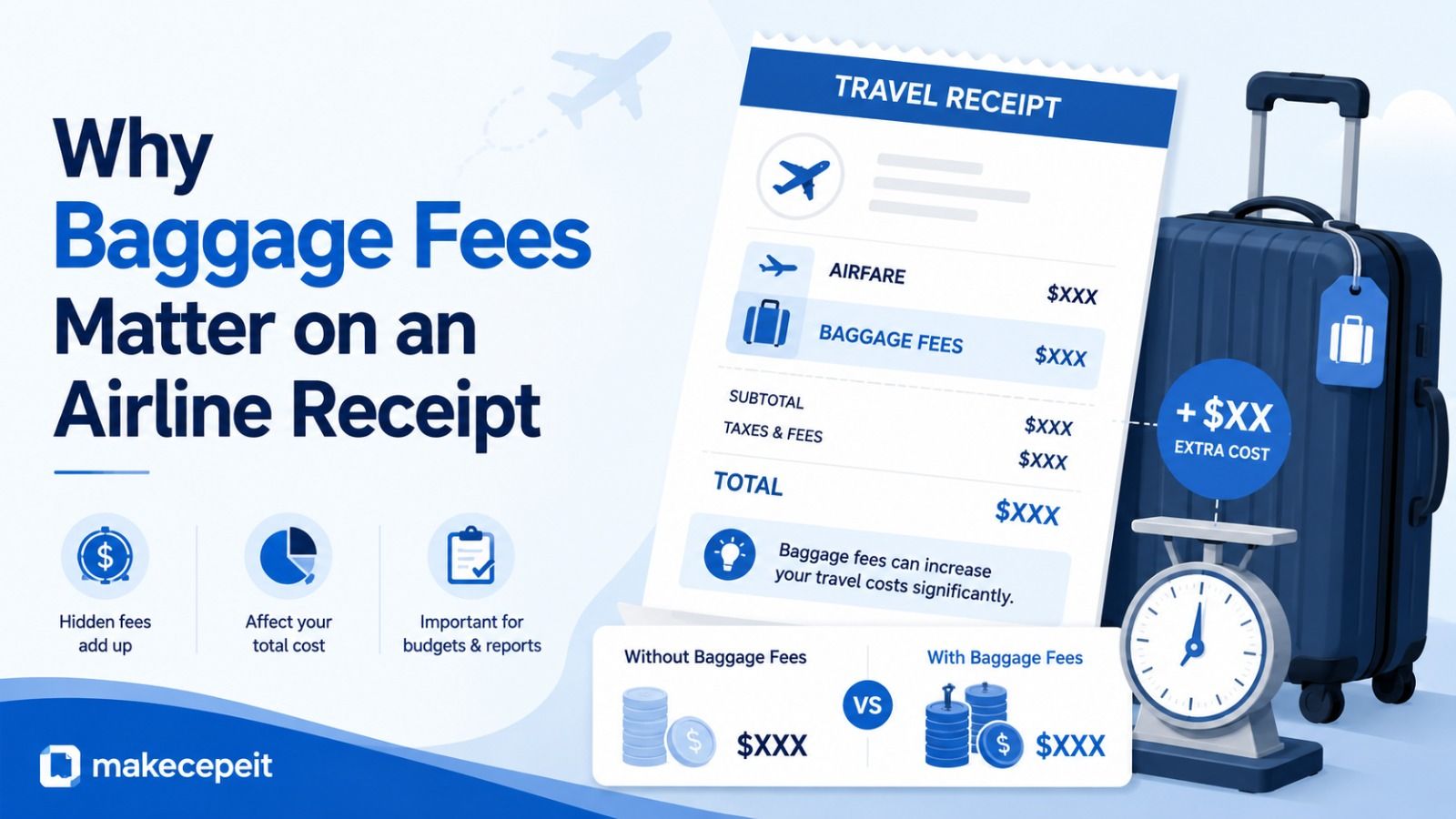 Why baggage fees matter on an airline receipt: hidden fees add up and affect your total cost — a travel receipt separating airfare, baggage fees, taxes and total, comparing the amount with and without baggage fees